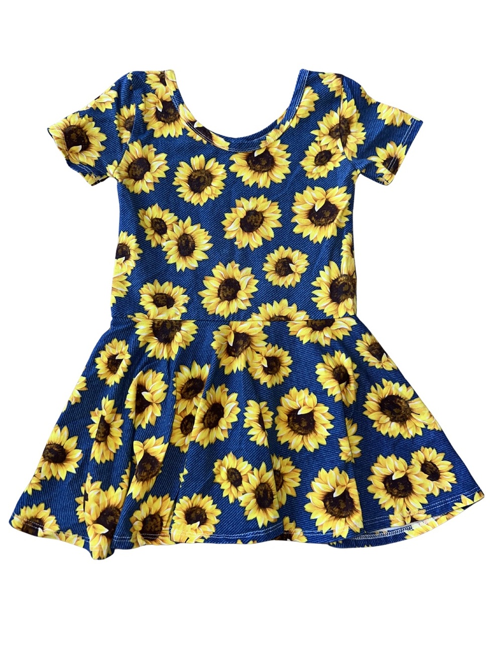 Girls Sunflower Print Blue Skirted Leotard Dress